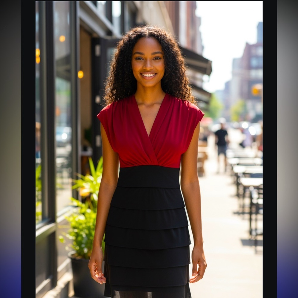 Enfocus Size 8 Studio Red Wrap Tiered Midi Dress​​